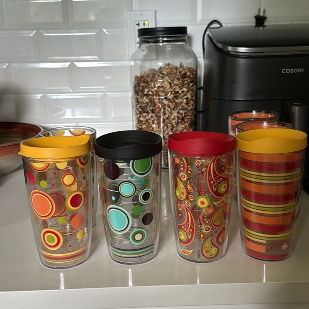 RARE FIND TERVIS Fiesta 16oz Double Walled Mug Retro Fiesta Colors Sliding Lid